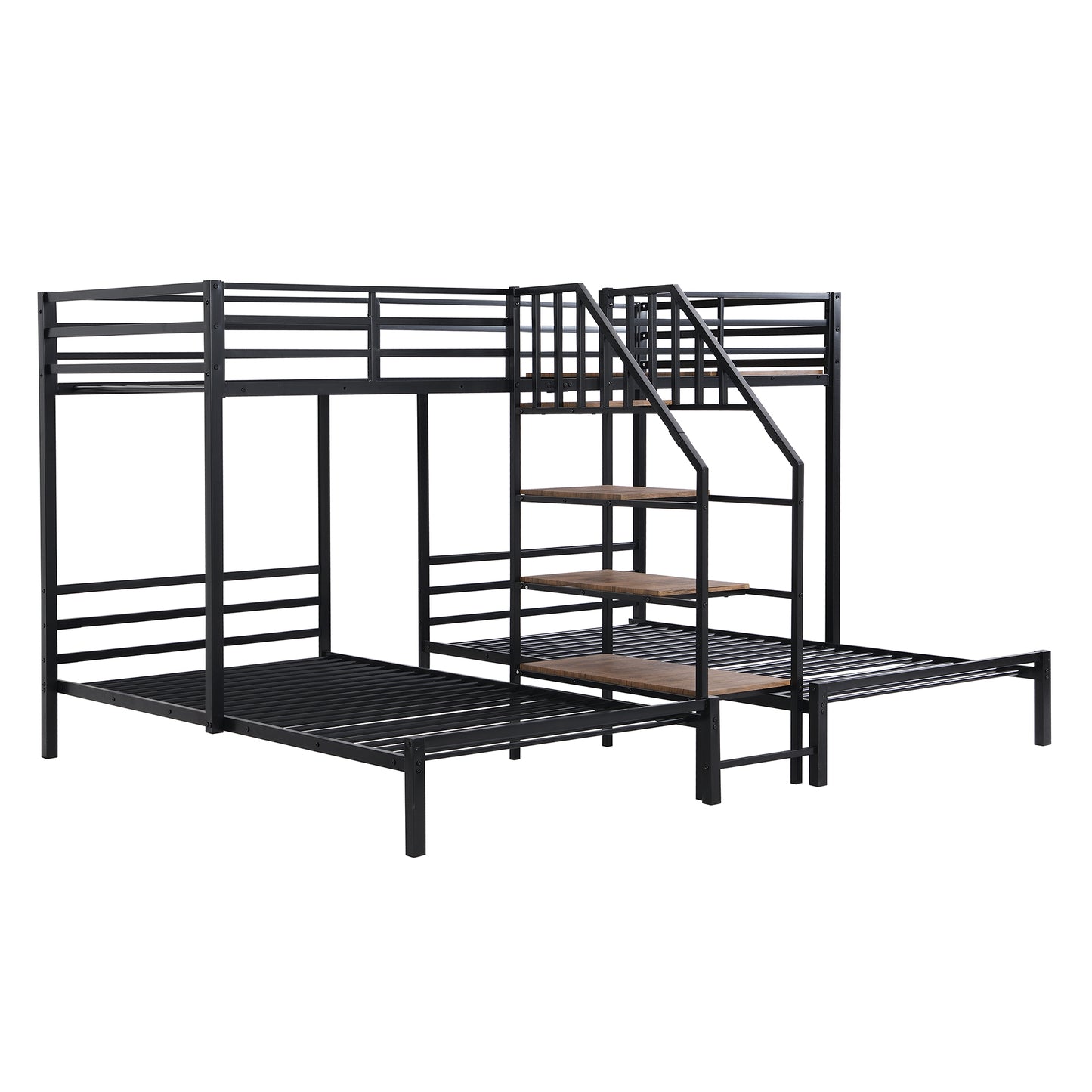 Black metal triple bunk bed with integrated wooden stairs