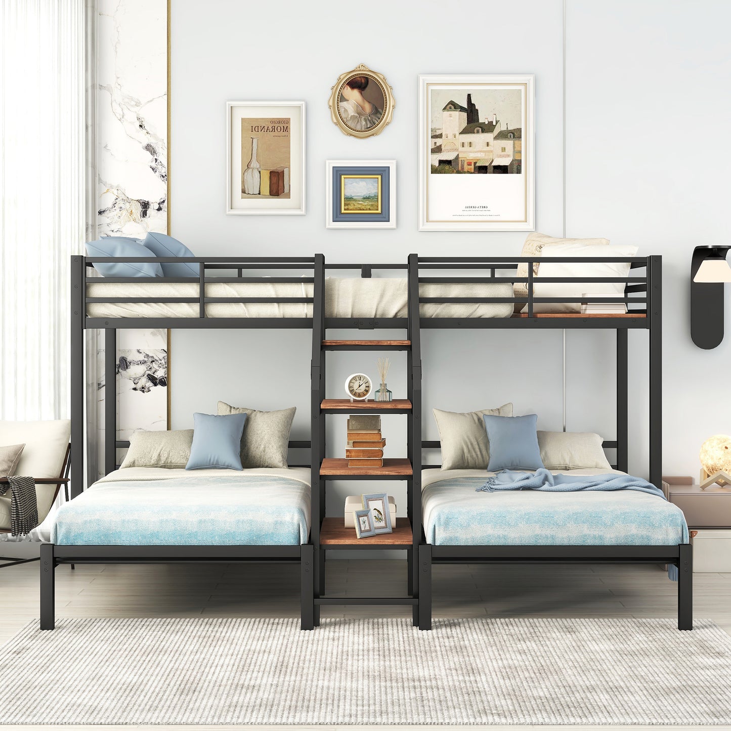 Black metal triple bunk bed with ladder and integrated shelves