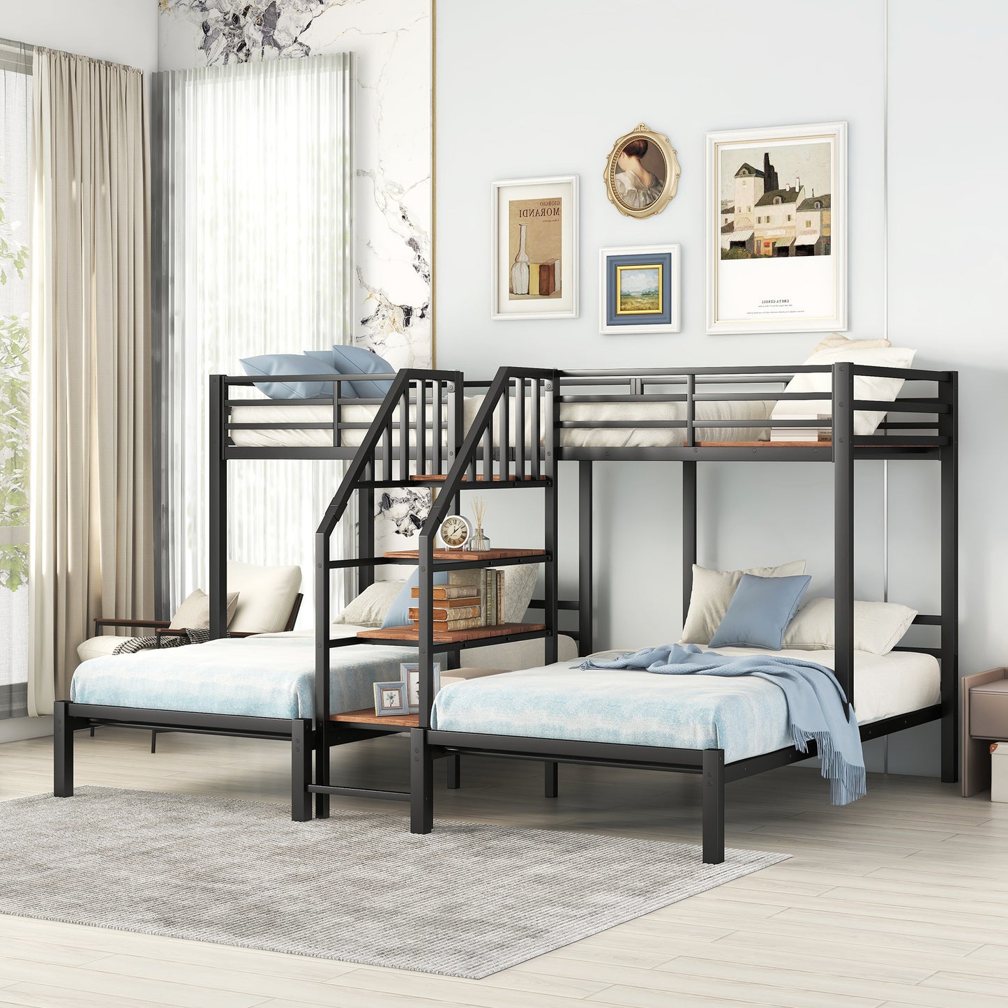 Black metal triple bunk bed with wooden shelves and step ladder
