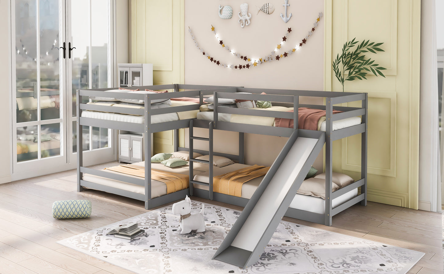 Gray Lshaped triple bunk bed with slide for kids bedrooms