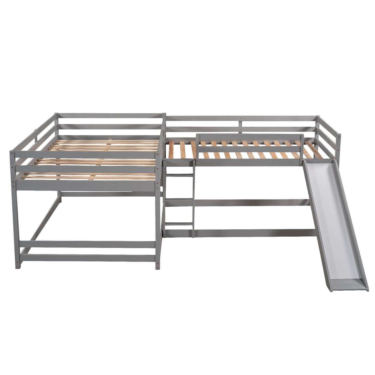 Gray wooden loft bed with slide and ladder
