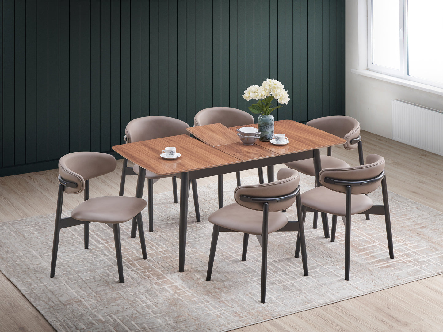 Modern dining table with wood grain top and six upholstered chairs
