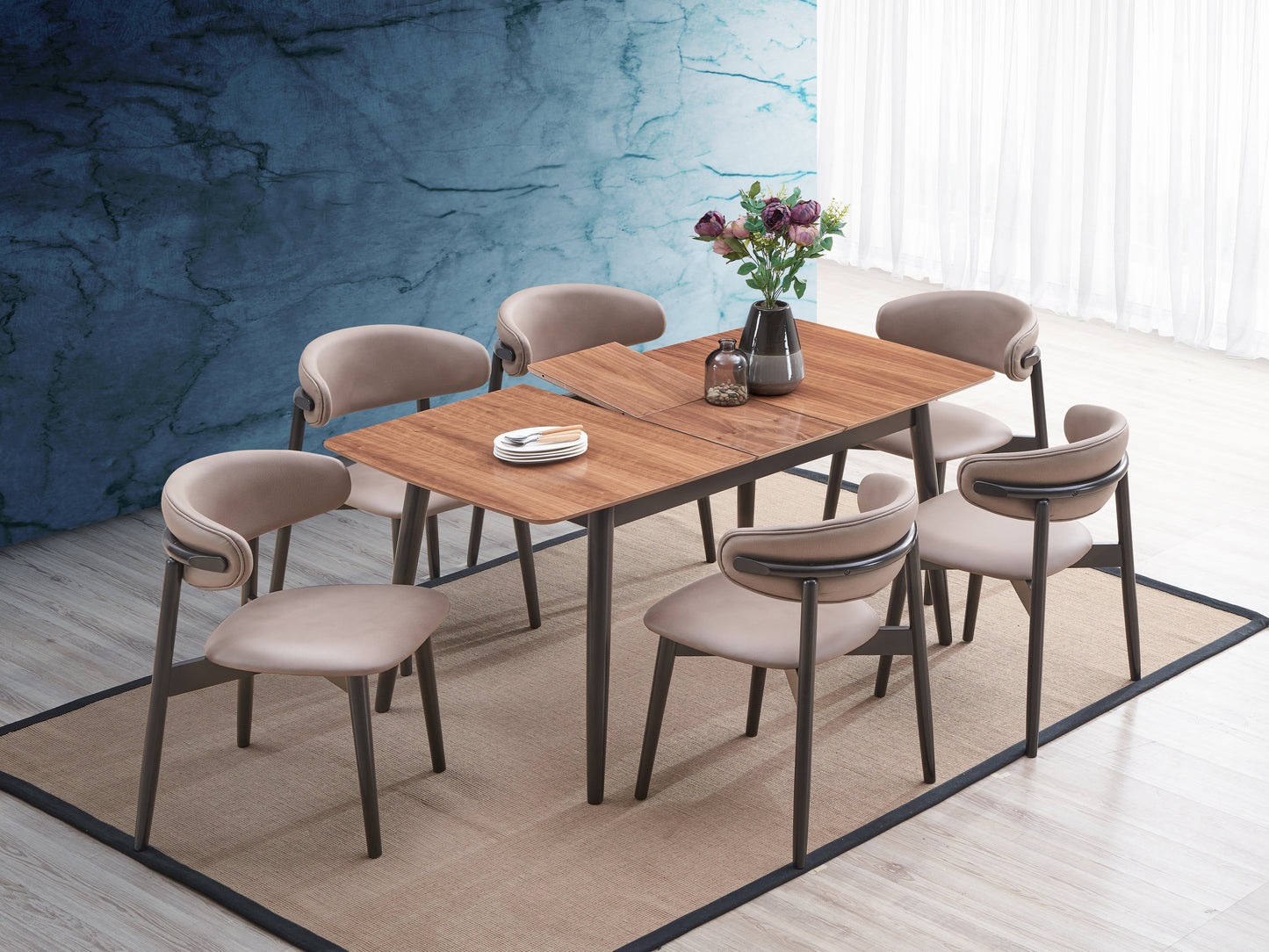 Modern dining set with oak wood table and beige upholstered chairs