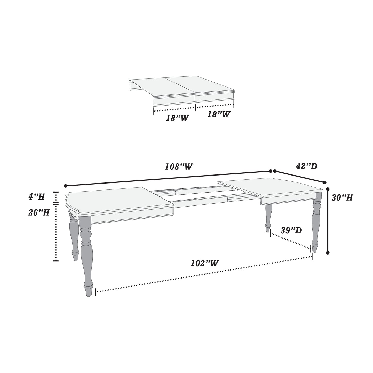 Expandable dining table diagram showing dimensions