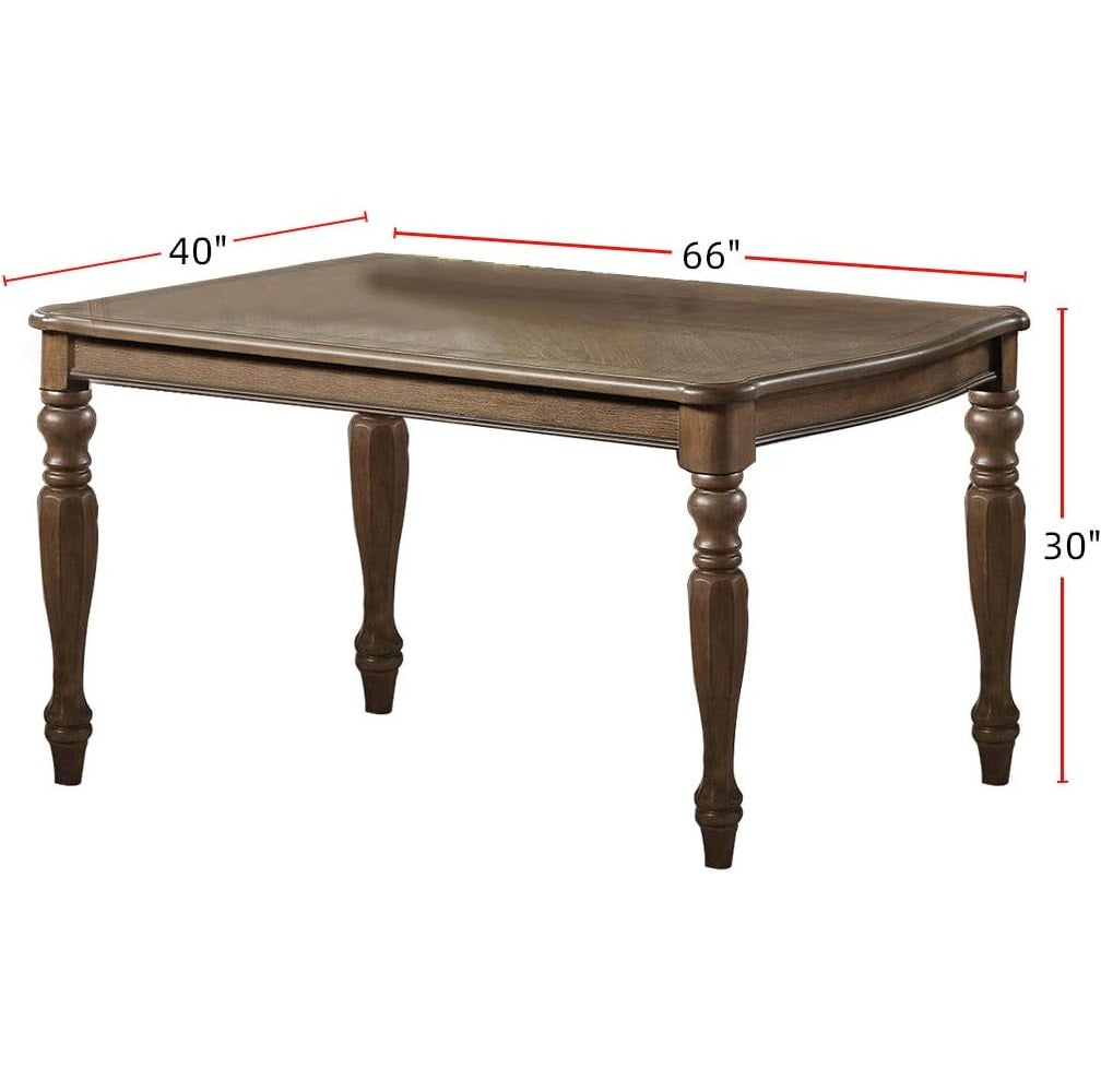 Rustic brown wood dining table with turned legs and carved details