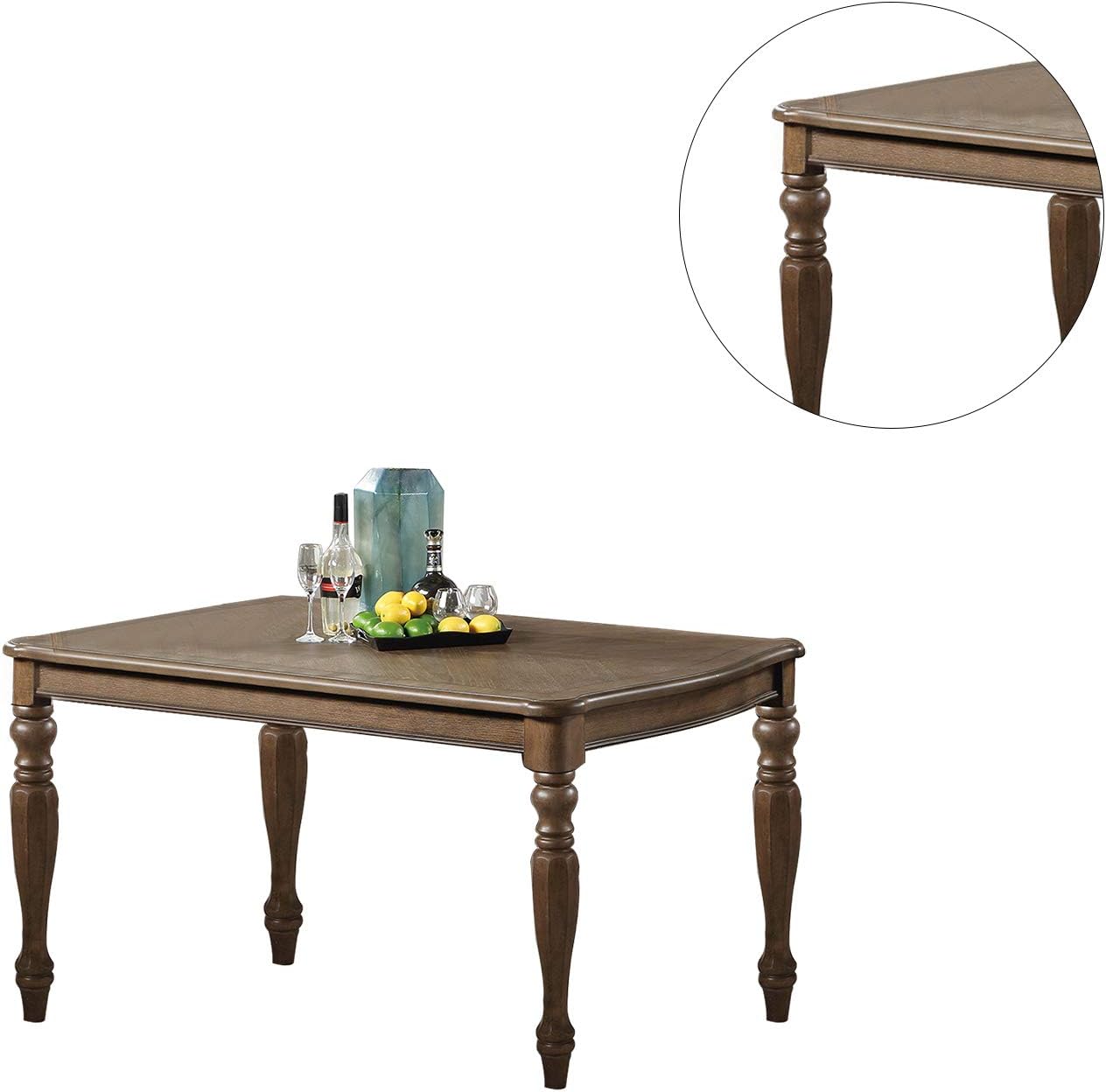 Rustic brown rectangular dining table with turned legs and decorative inlay
