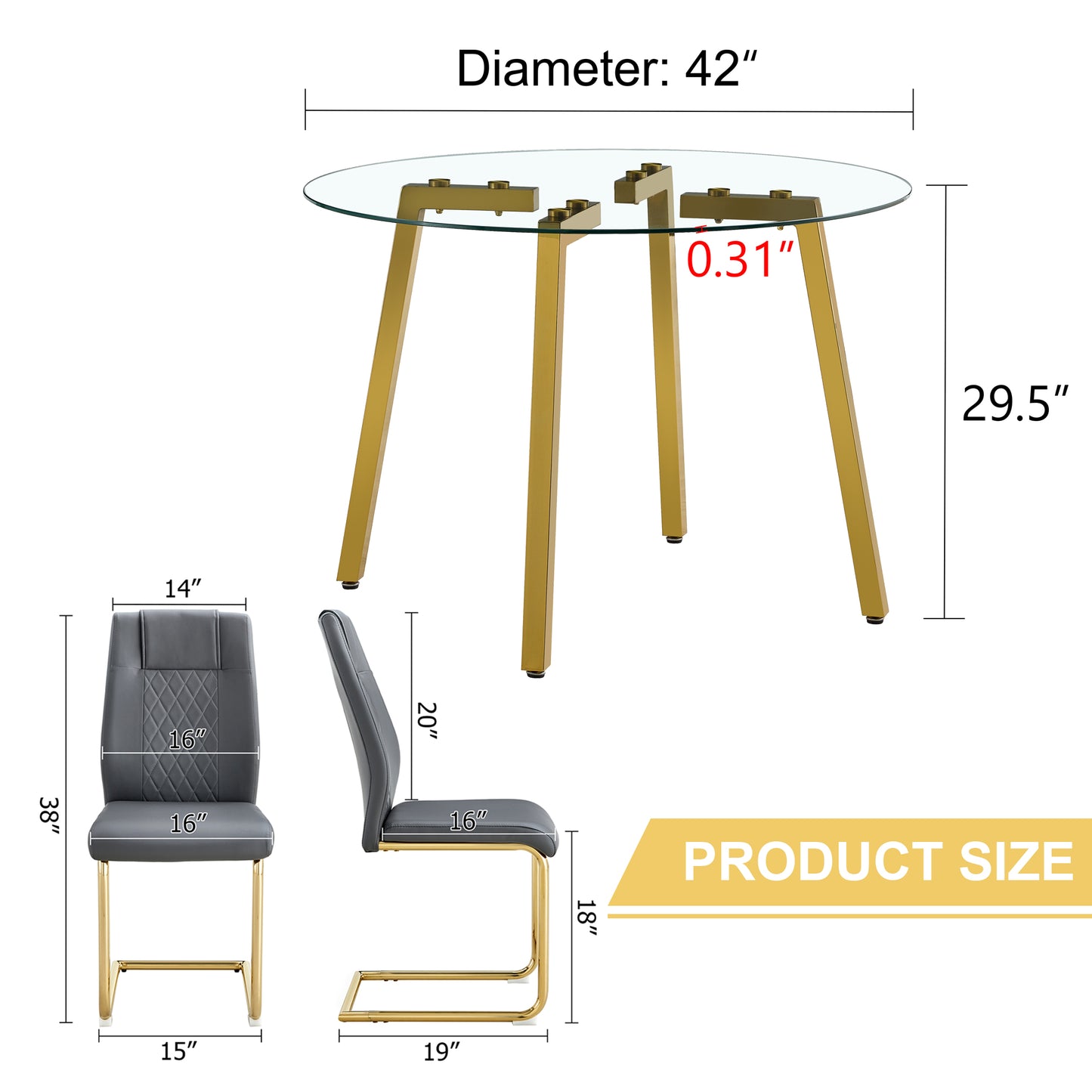 Glass top dining table with gold legs and gray upholstered chair