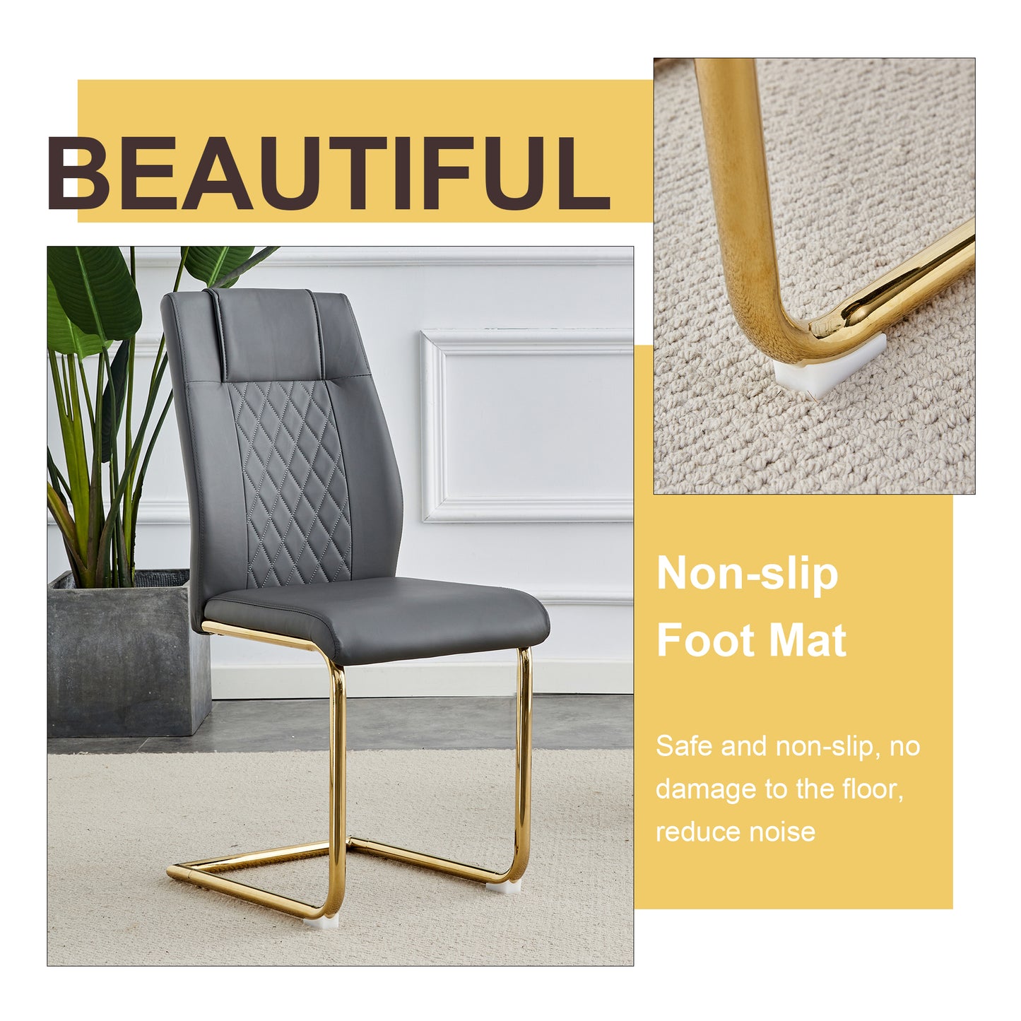 Dark gray faux leather dining chair with diamond stitching and gold metal sled legs