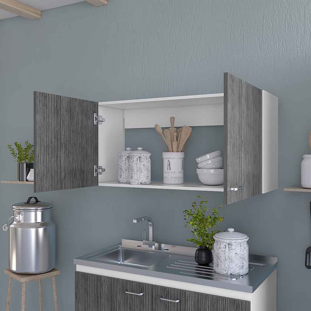 Modern gray woodgrain kitchen cabinet with open doors showing white interior and kitchenware