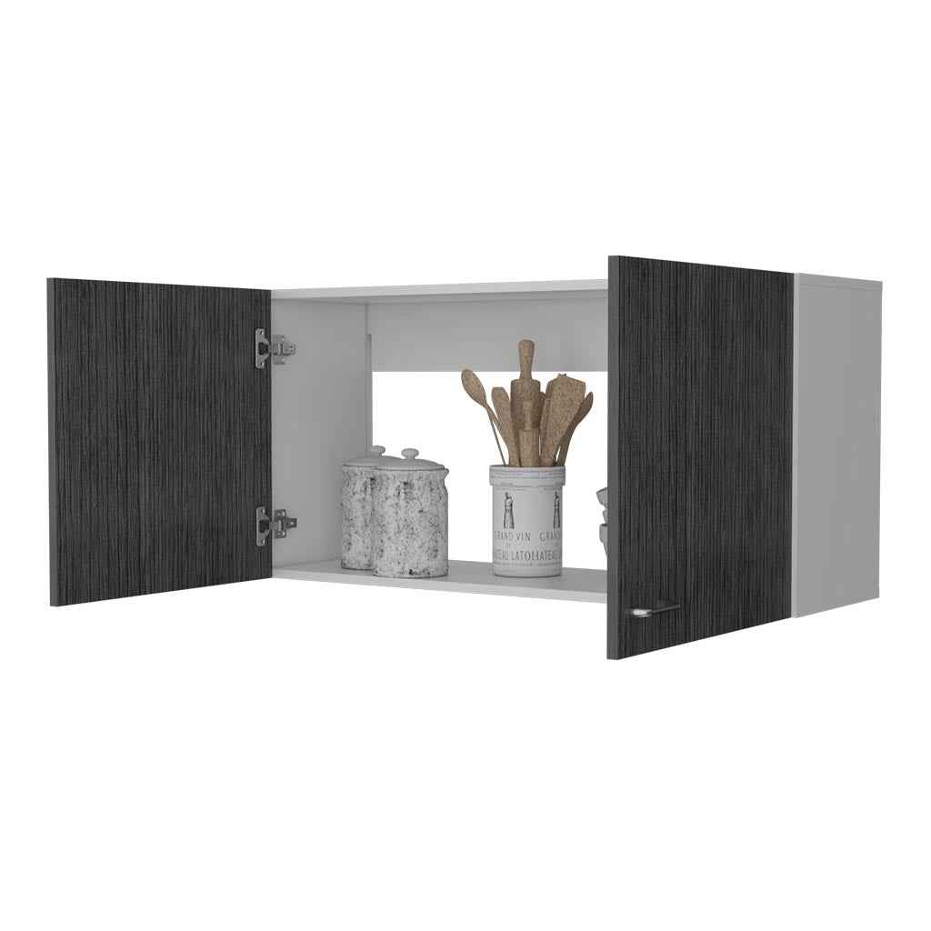 Modern dark wood and white wall cabinet open with kitchen utensils and canisters inside