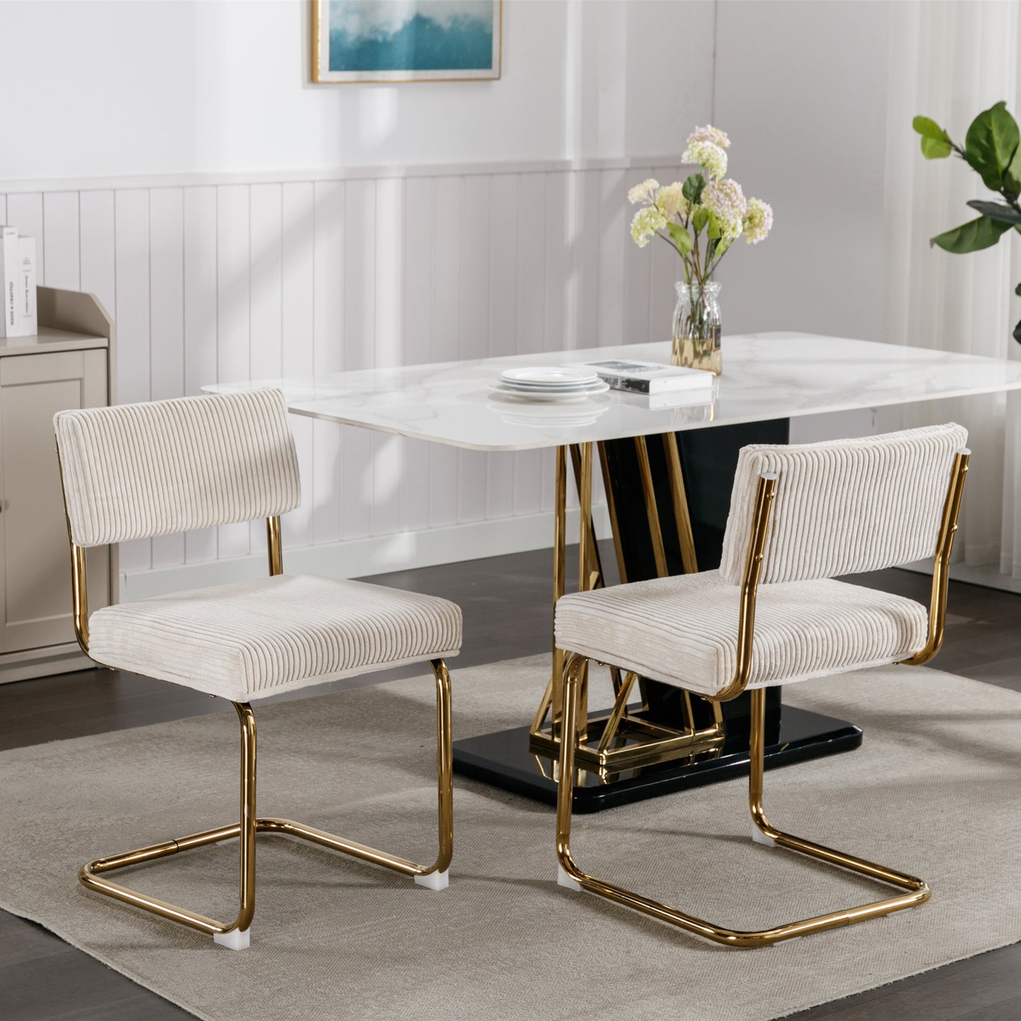 Cream corduroy dining chair with gold metal frame