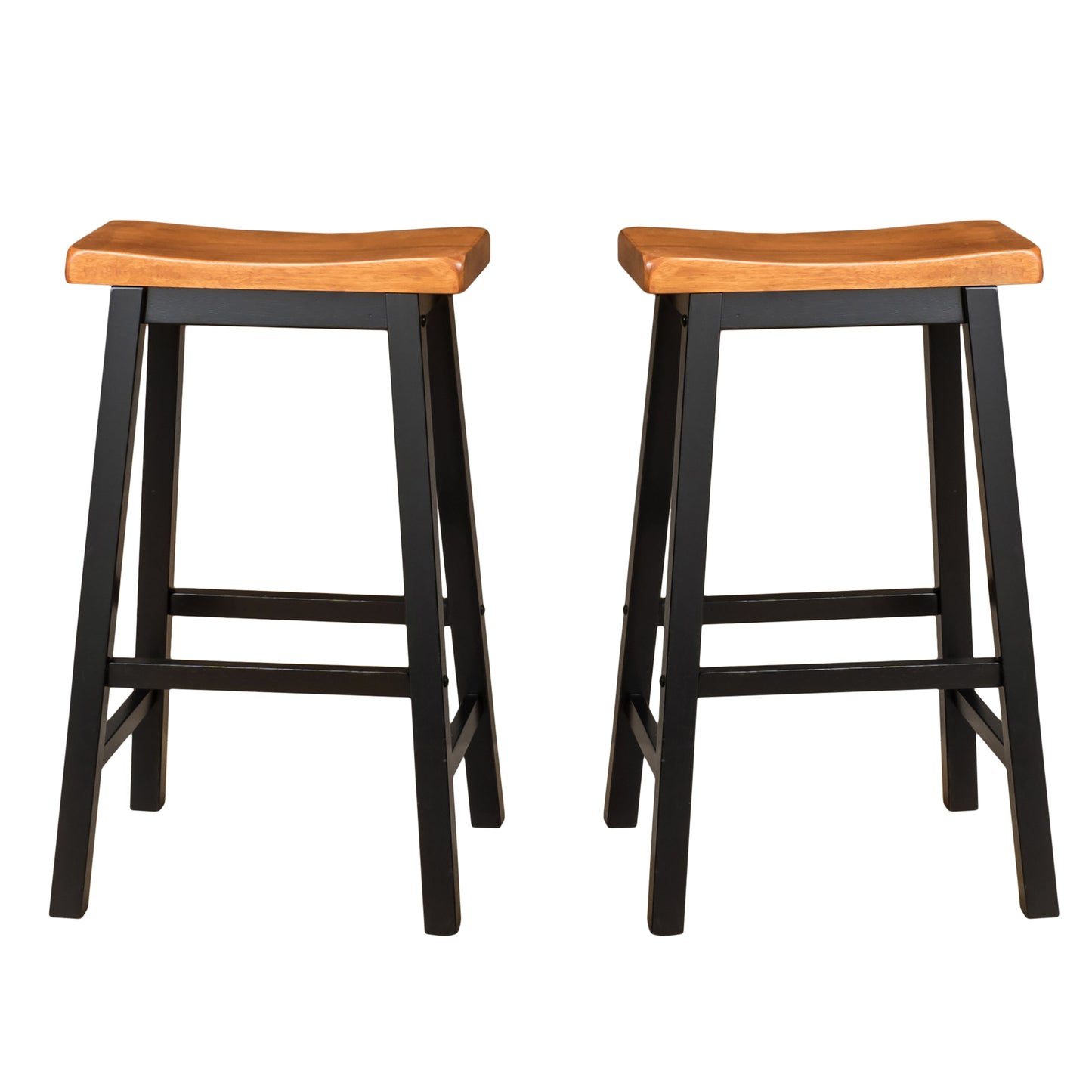 Two minimalist counter stools with natural wood seats and black metal legs
