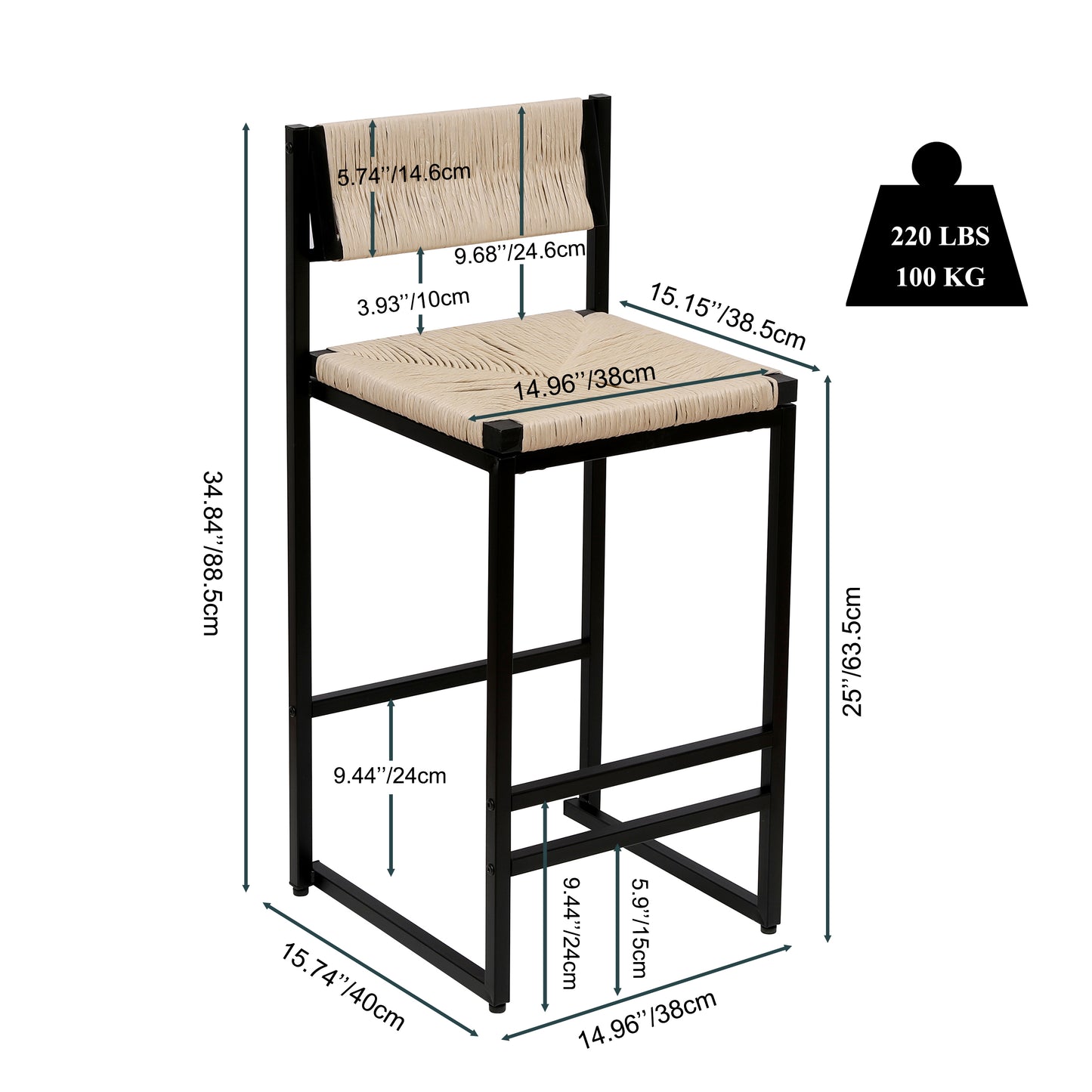 Black metal bar stool with a woven natural fiber seat and back