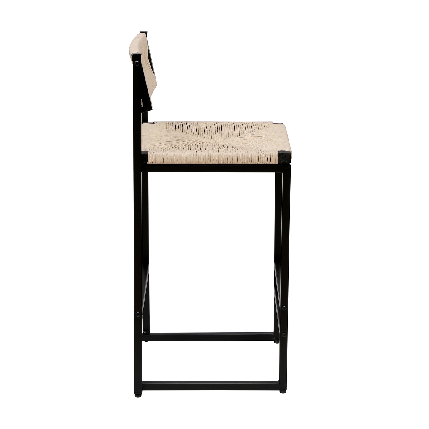 Black metal bar stool with woven light beige seat and back