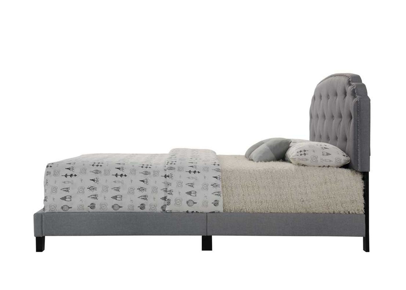Stylish Gray Fabric Queen Bed with Tufted Headboard and Low Footboard