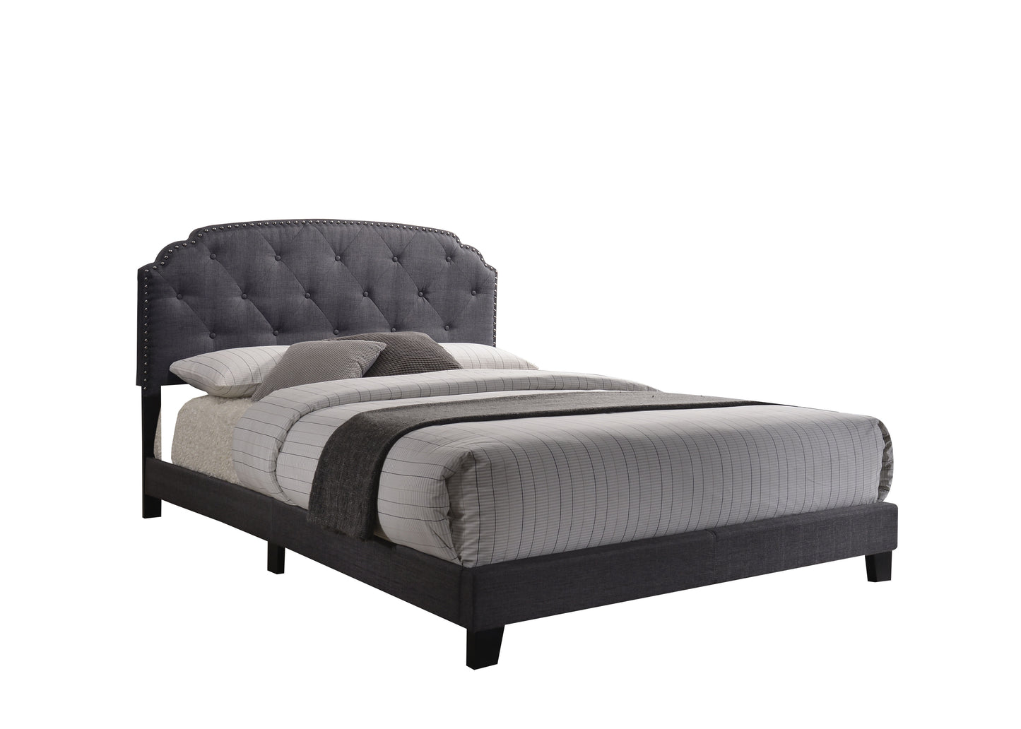 Stylish Gray Fabric Queen Bed with Tufted Headboard and Low Footboard