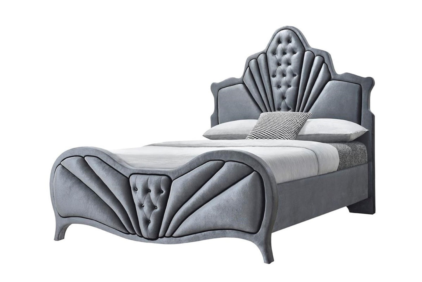 Elegant Gray Velvet Queen Bed with Arched Headboard