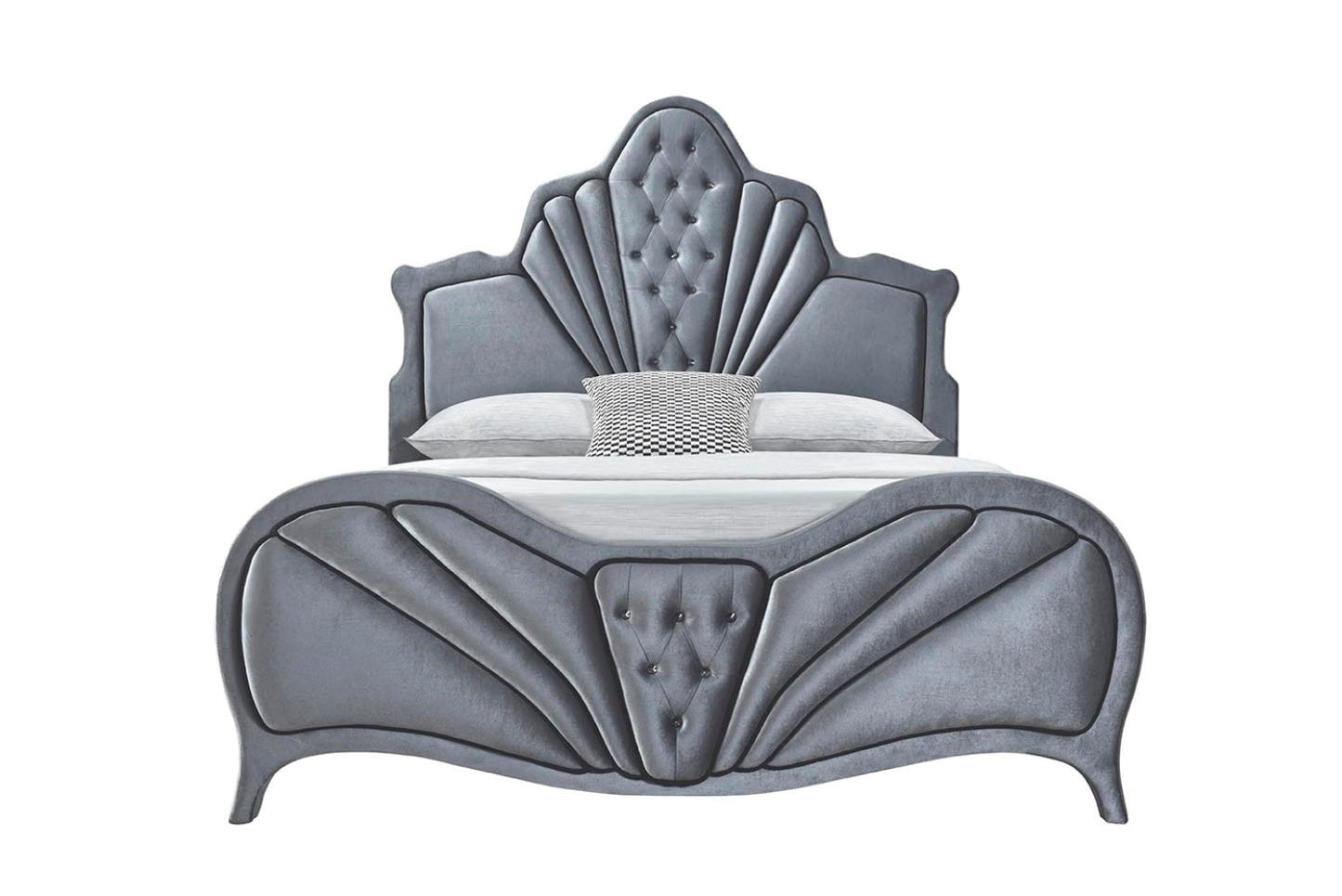 Elegant Gray Velvet Queen Bed with Arched Headboard