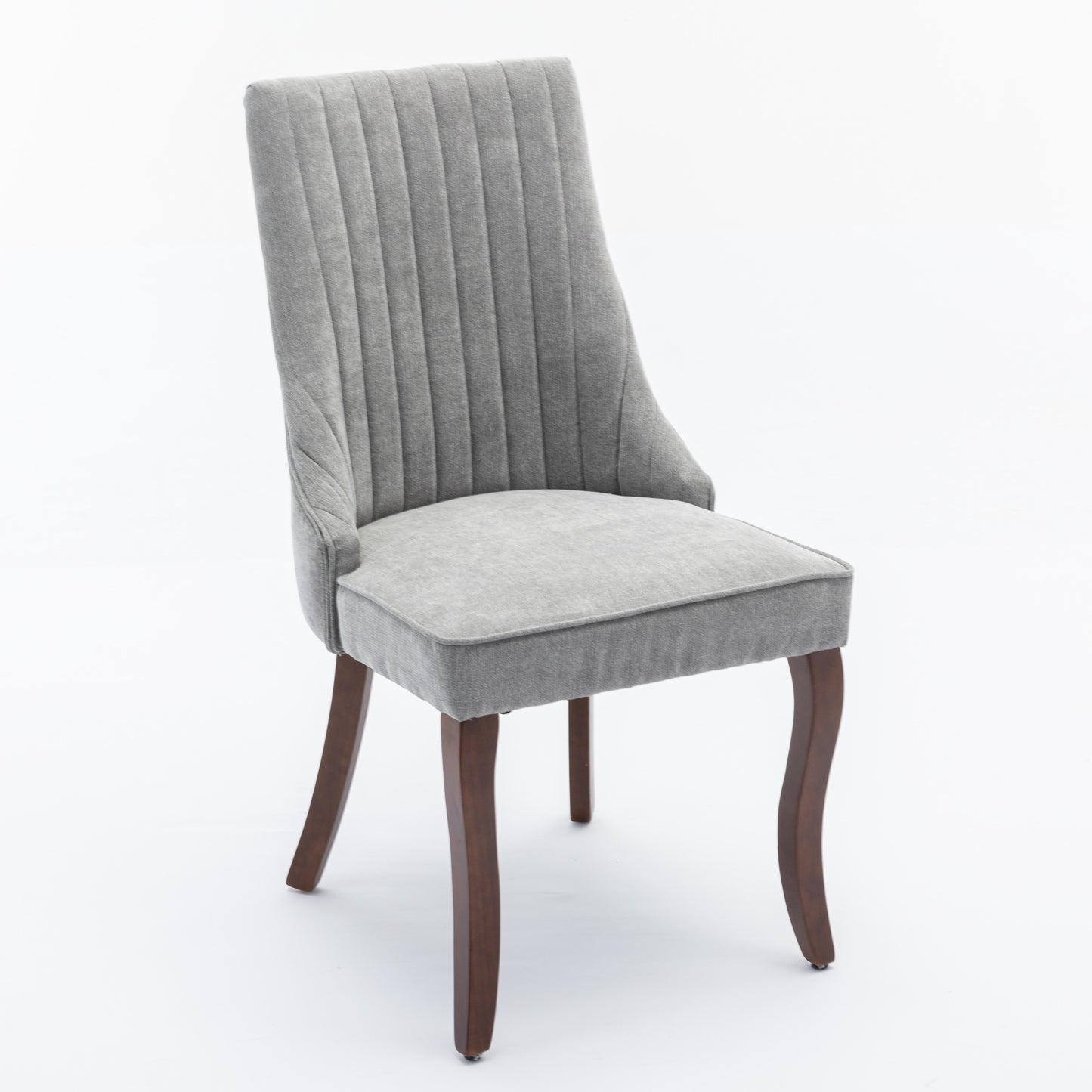Elegant gray velvet accent chair with channel tufted back and dark wood legs