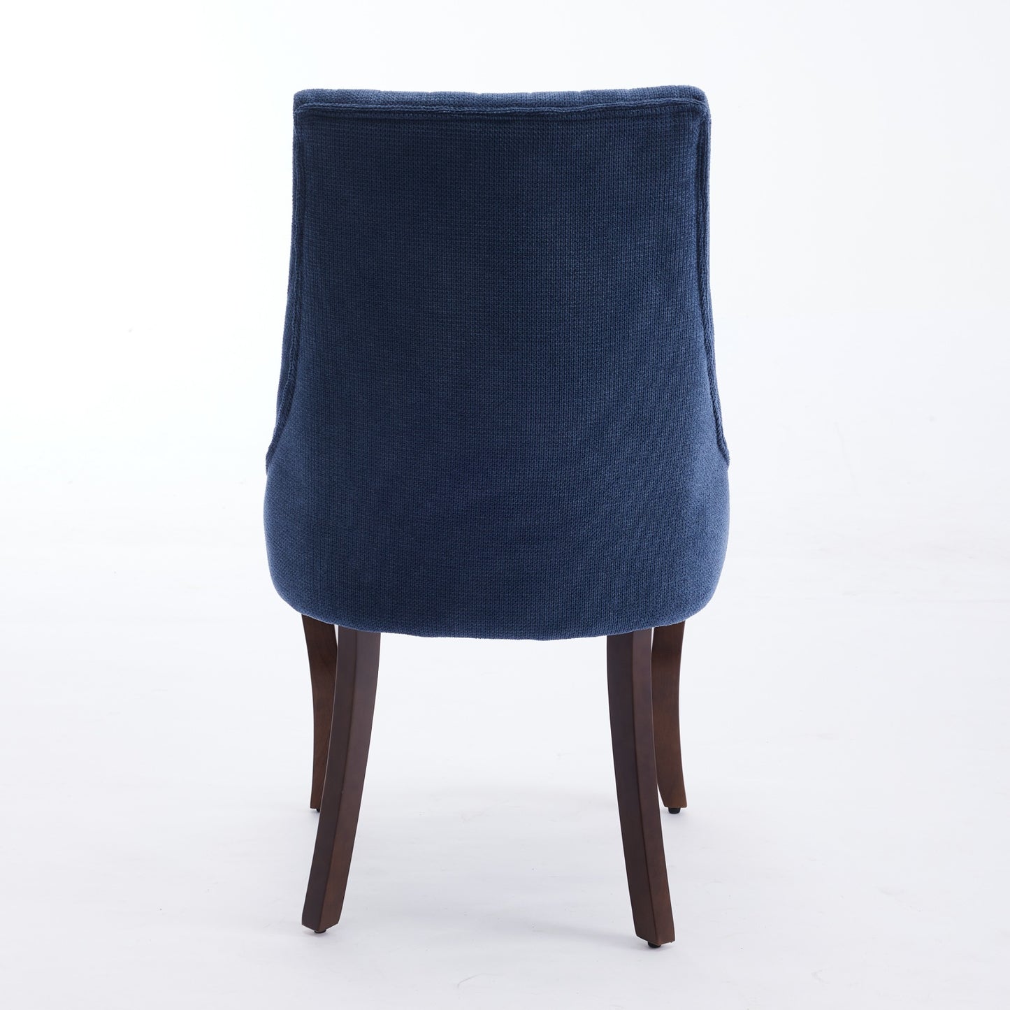 Dark blue upholstered dining chair with dark wood legs
