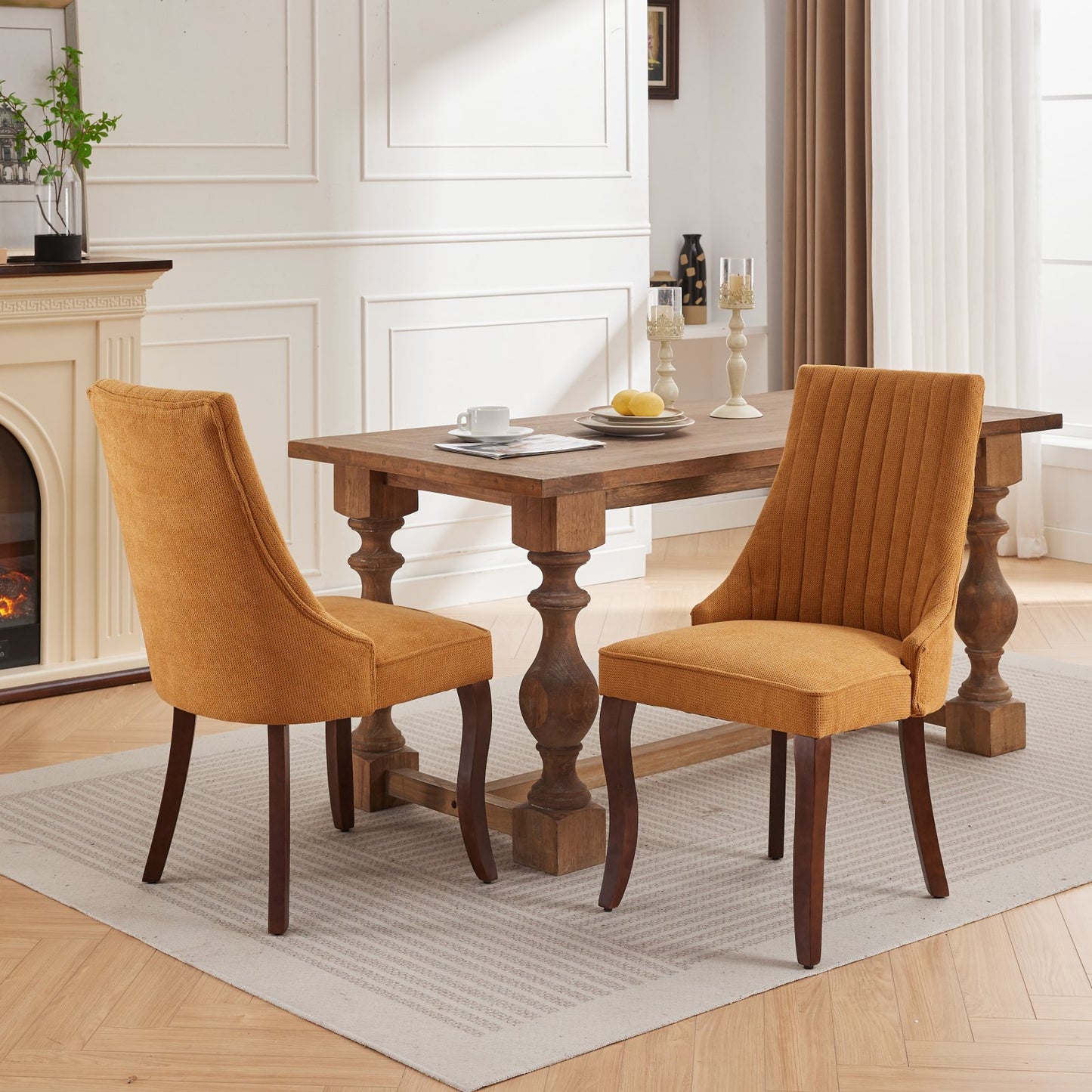 Orange upholstered dining chair with ribbed back and dark wood legs