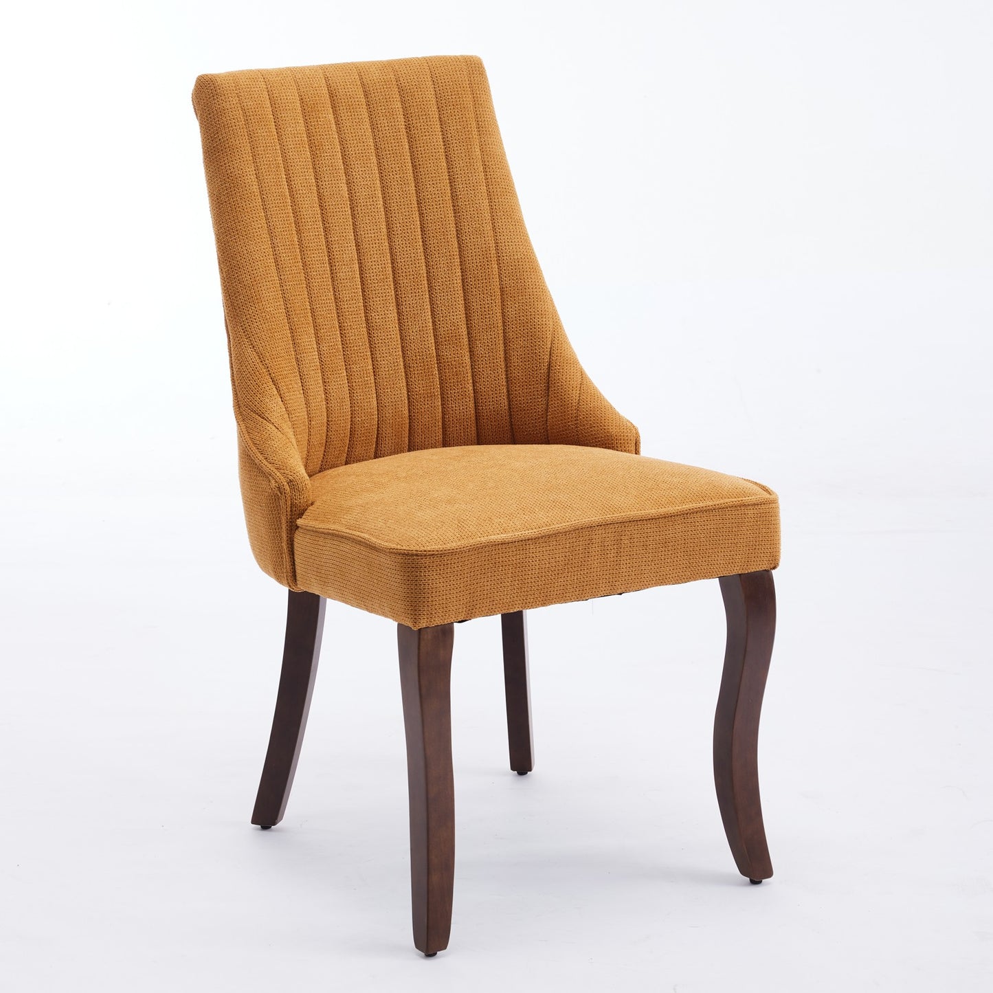 Orange upholstered dining chair with channel tufting and dark wood legs