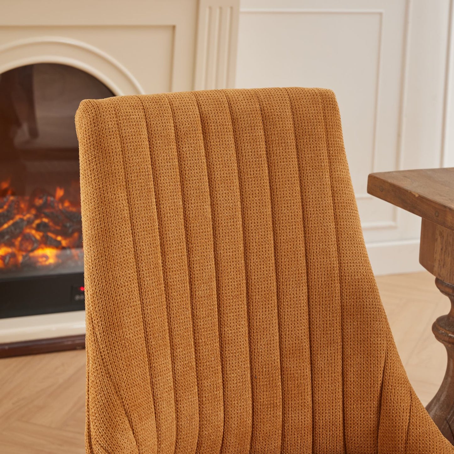 Tan ribbed knit accent chair back with plush fabric