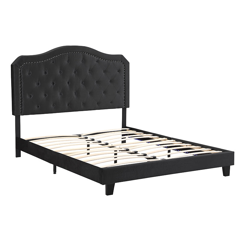Modern Upholstered Bed with LED Lights and Tufted Design - Black Velvet