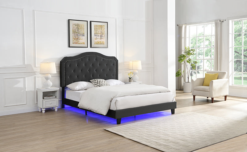 Modern Upholstered Bed with LED Lights and Tufted Design - Black Velvet