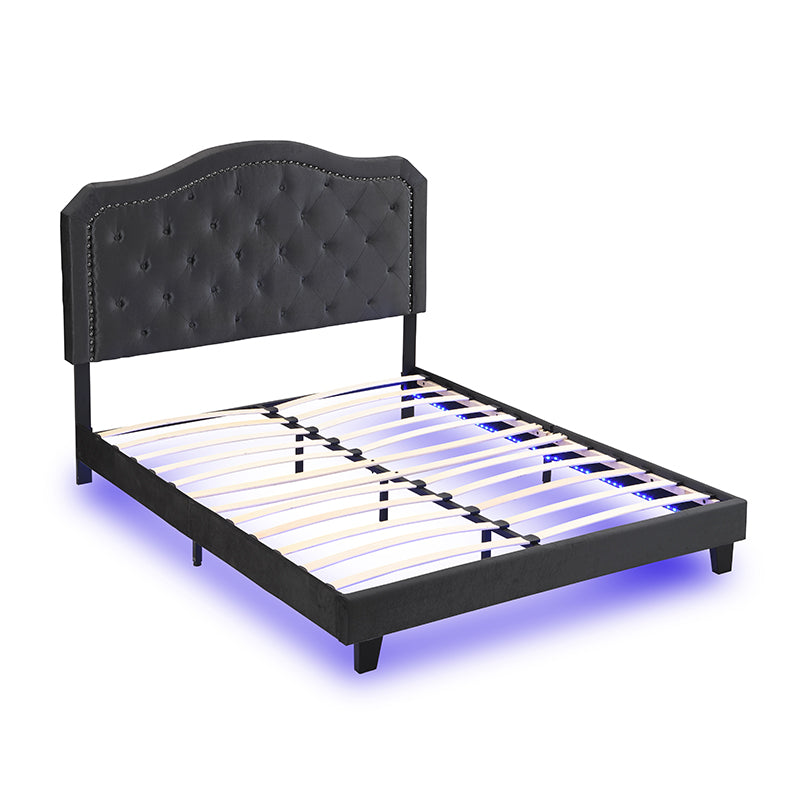 Modern Upholstered Bed with LED Lights and Tufted Design - Black Velvet
