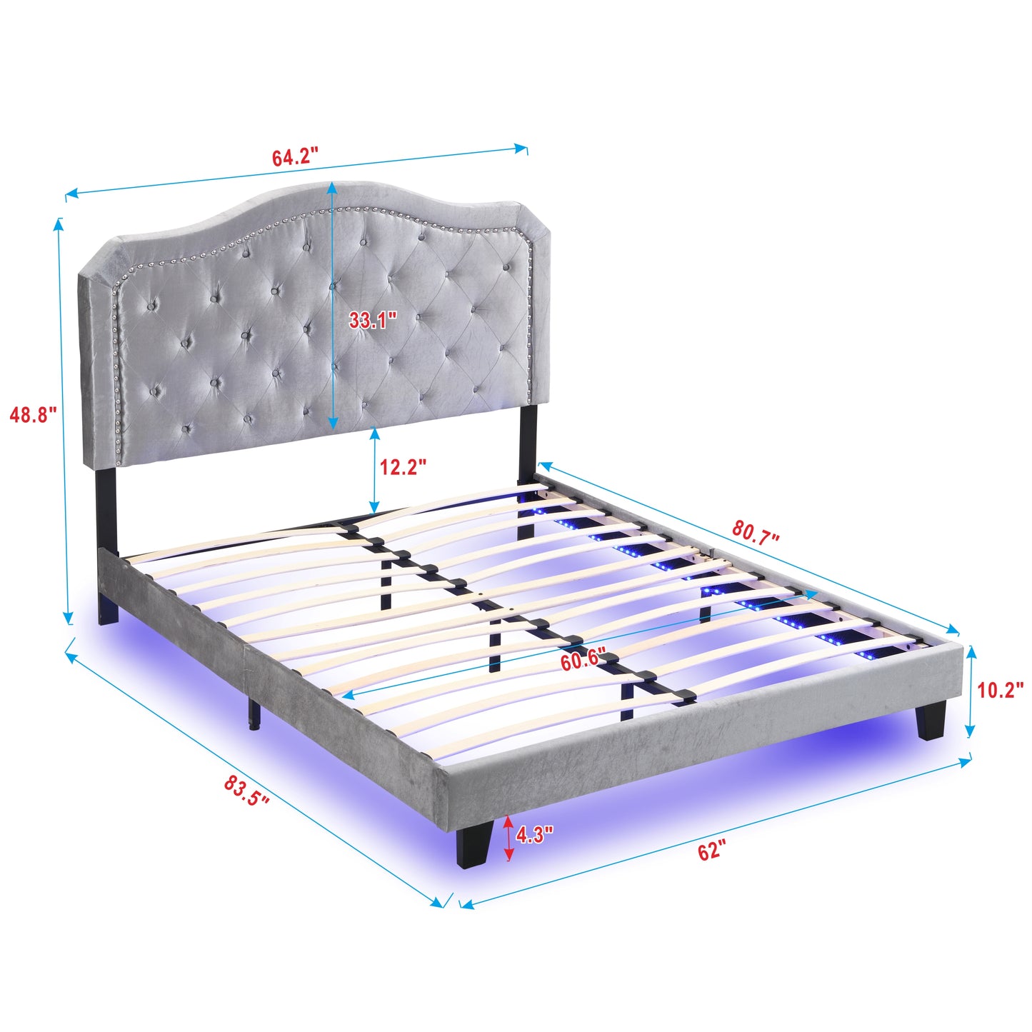 Light Grey Velvet Upholstered Bed with LED Lights and Slat Support
