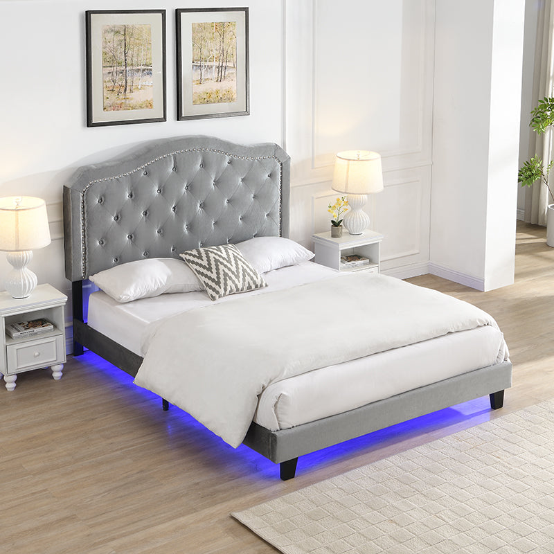 Tufted grey velvet bed frame with LED lights under the base queen size