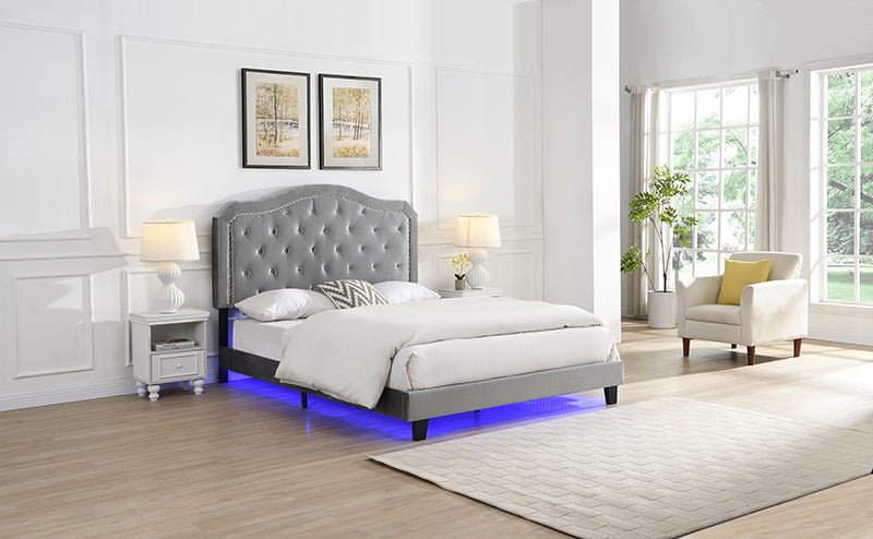 Light Grey Velvet Upholstered Bed with LED Lights and Slat Support