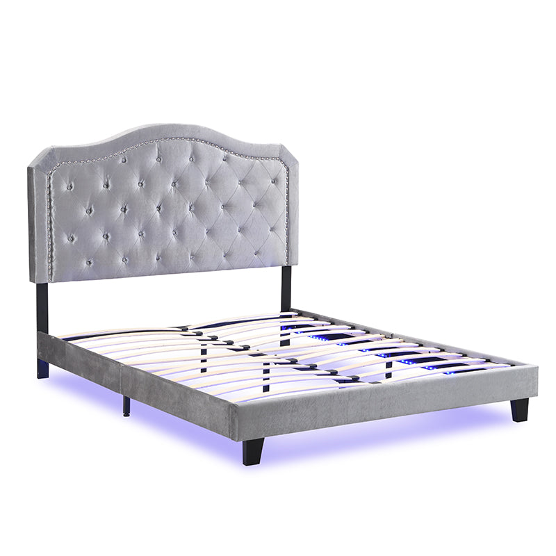 Light Grey Velvet Upholstered Bed with LED Lights and Slat Support