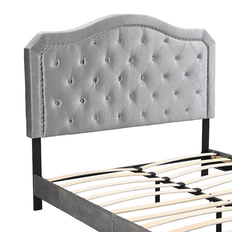 Light Grey Velvet Upholstered Bed with LED Lights and Slat Support