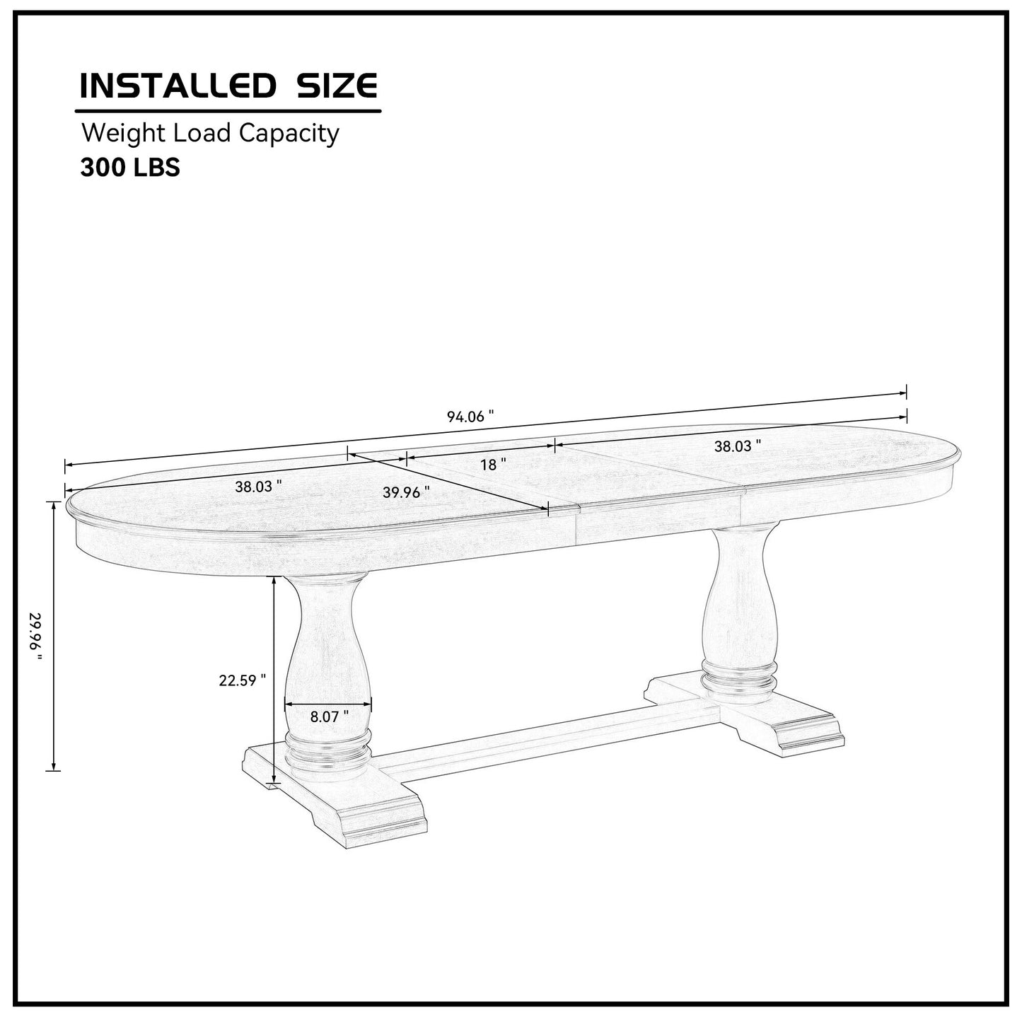 Oval dining table sketch with dimensions
