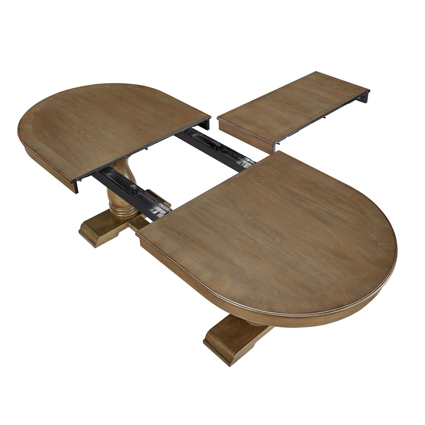 Brown oak extendable dining table with pedestal base