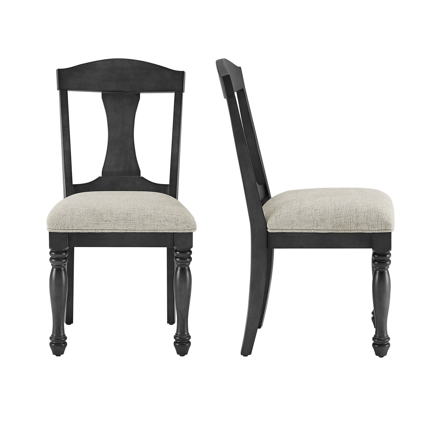 Dark grey upholstered dining chair with turned legs