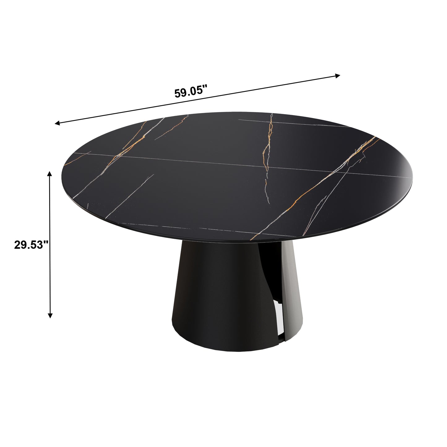 Black marble dining table with gold veins and a pedestal base