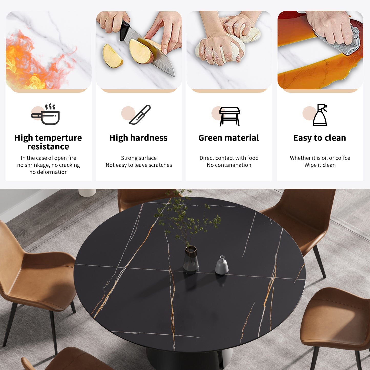 Black sintered stone dining table with marblelike veins