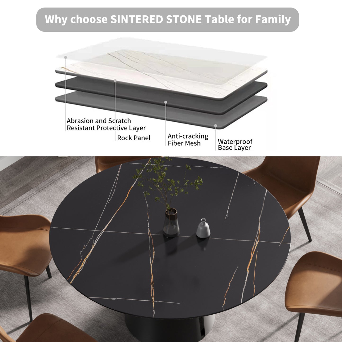 Round black sintered stone dining table with white and gold veining tan leather chairs