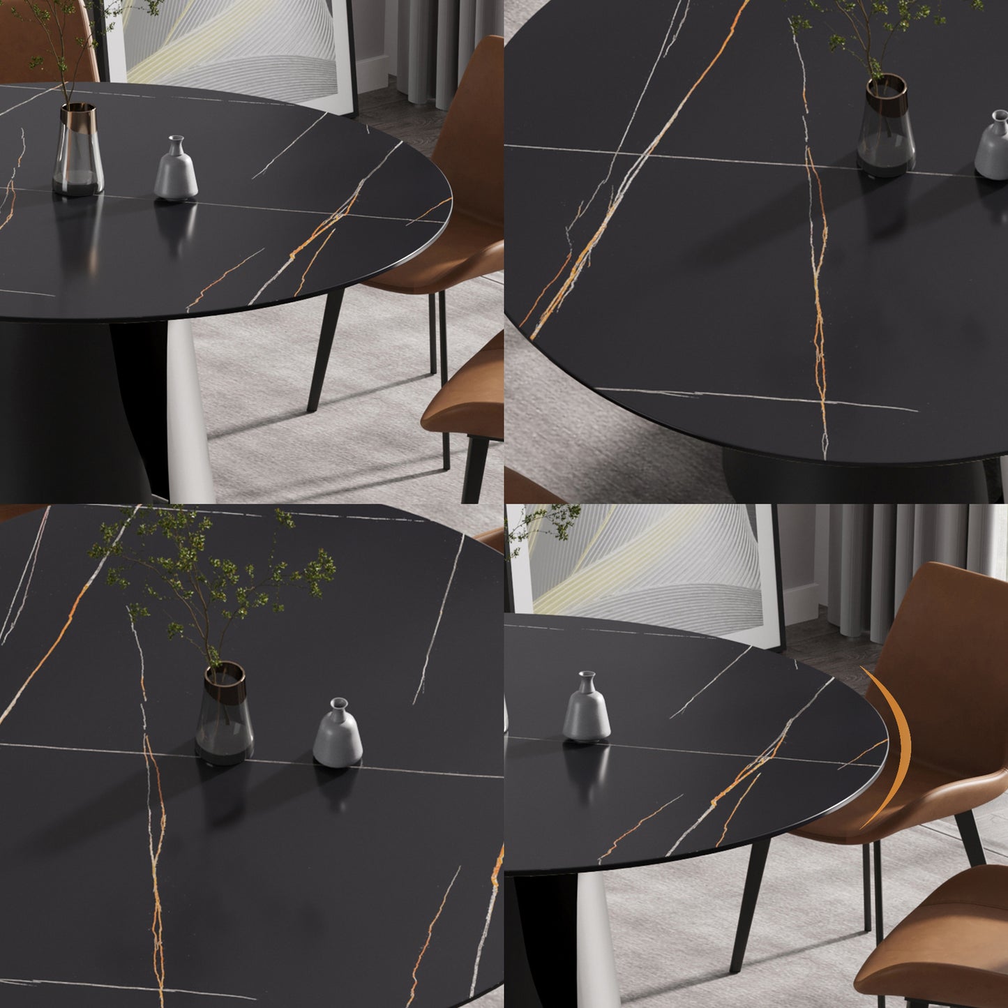 Round black marble dining table with gold veins