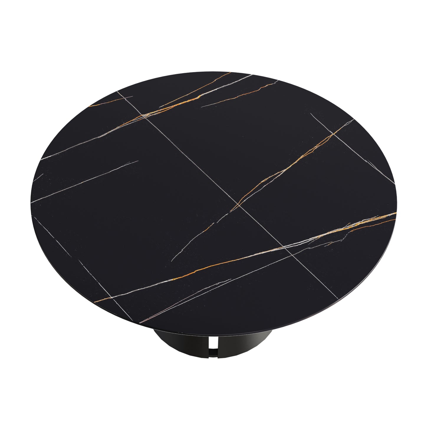 Round black marble coffee table with gold and white veining