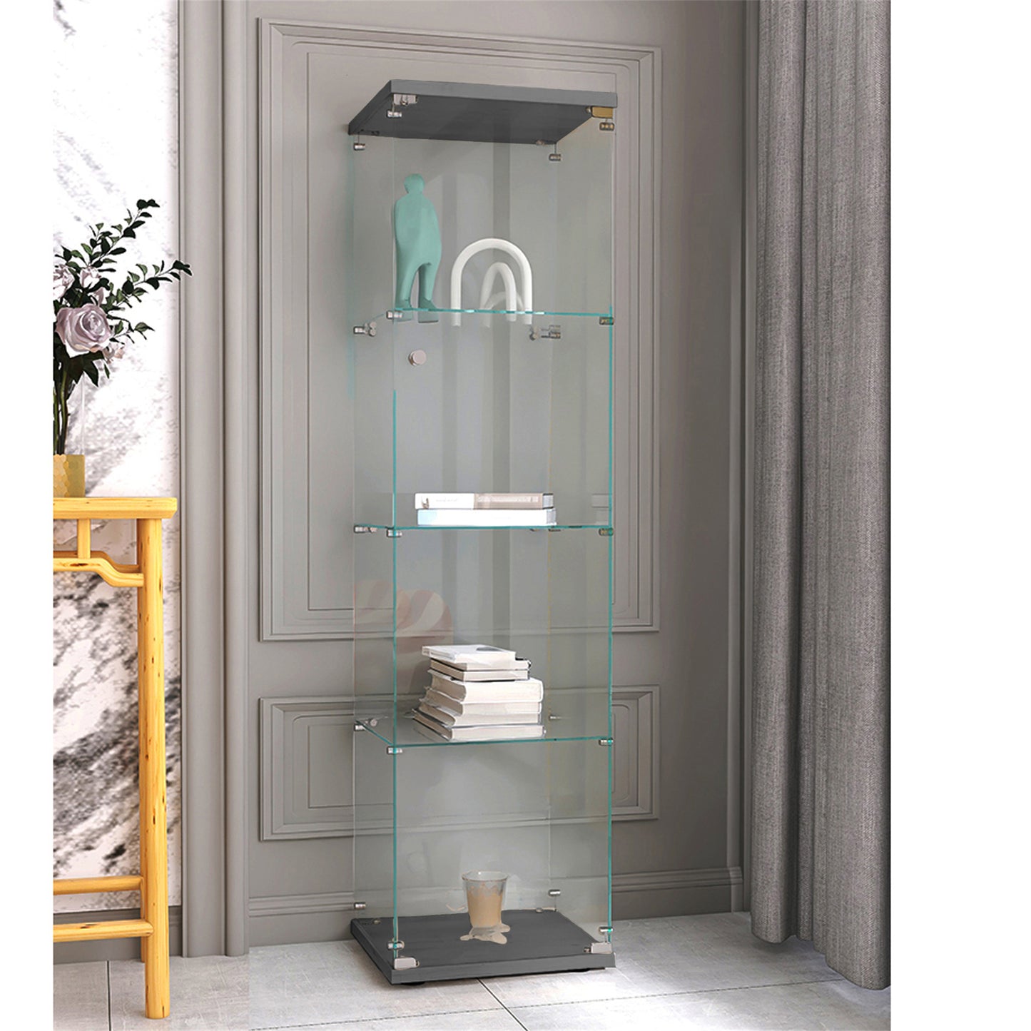 Tall glass display cabinet with modern grey base