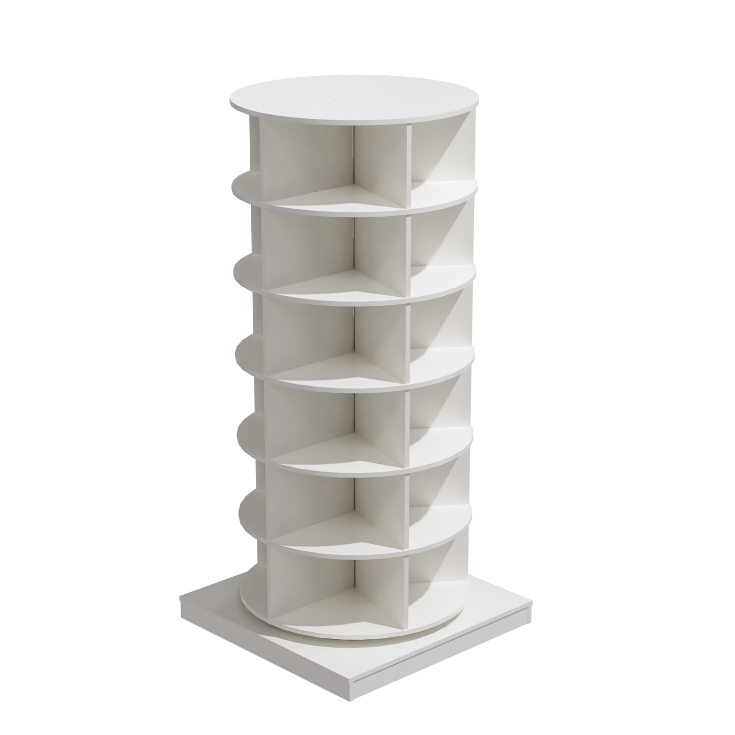 White rotating display shelf with tiered compartments for product showcasing