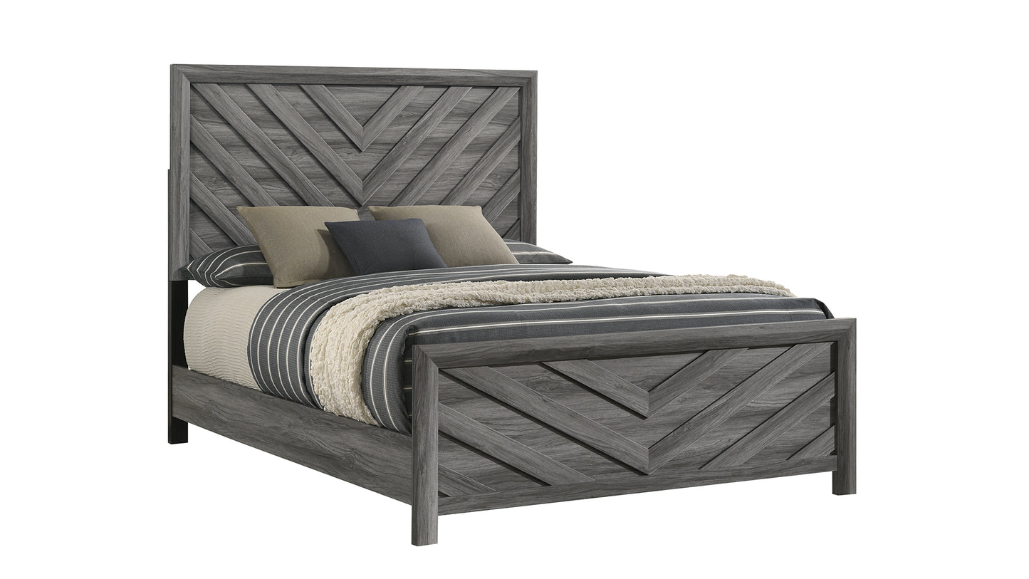 Rustic gray wood king bed with chevron headboard design and striped bedding
