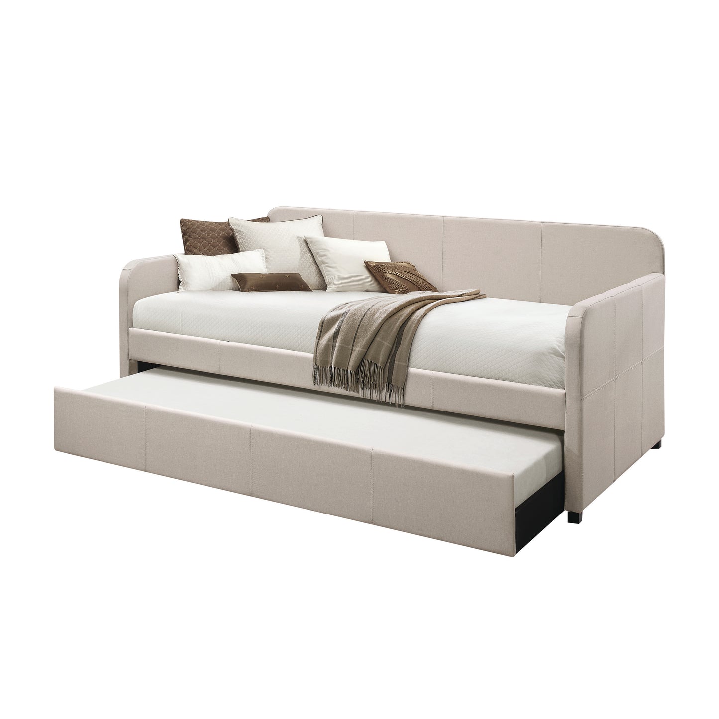 Space-Saving Fabric Daybed with Roll-Out Trundle in Fog