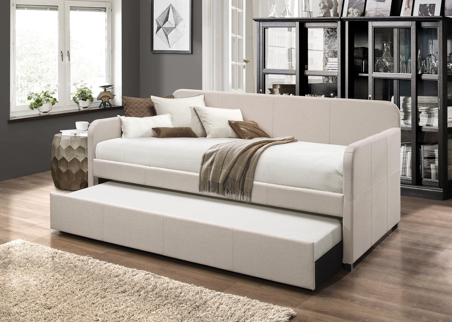 Space-Saving Fabric Daybed with Roll-Out Trundle in Fog