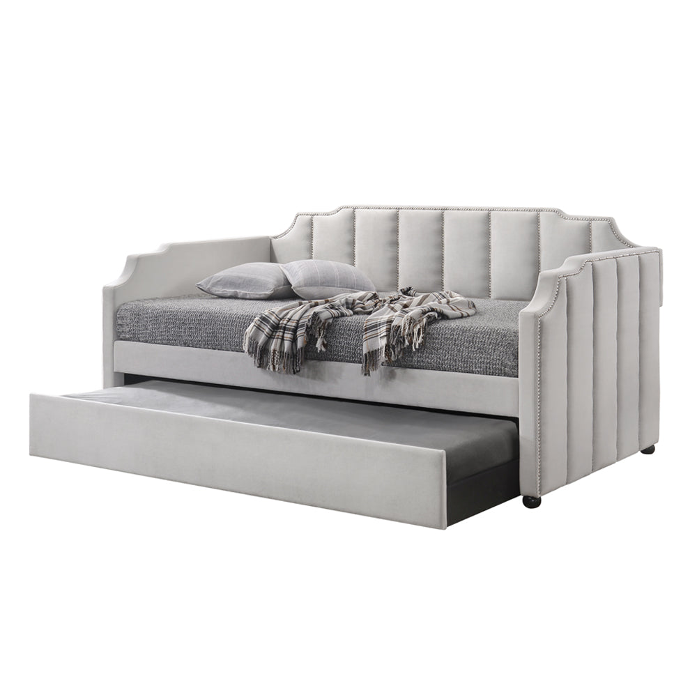 Comfortable Daybed with Roll-Out Trundle - Gray Velvet