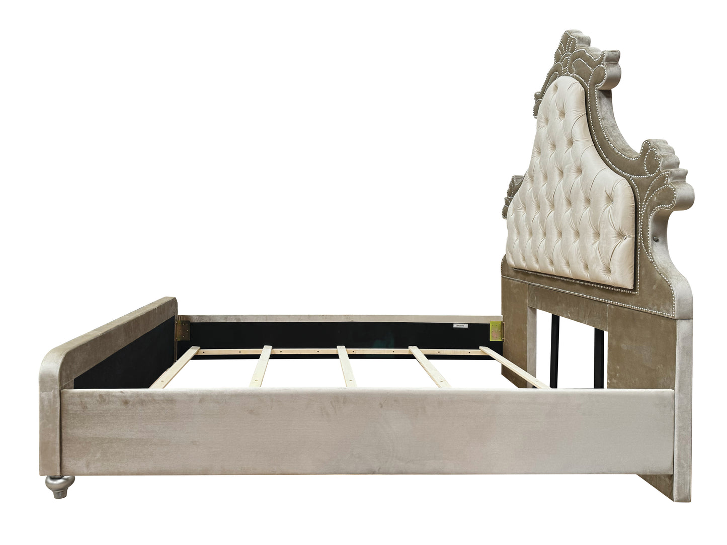 Elegant Beige Velvet Bed with LED Lighting and Tufted Headboard